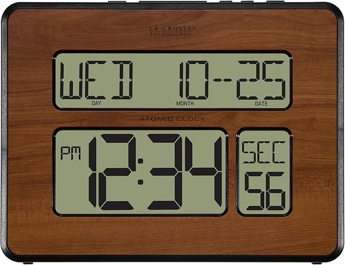 La Crosse Technology 513-1419-WA-INT Atomic Large Full Digital Calendar Clock, Walnut, 9.84"L x 1.14"W x 7.48"H