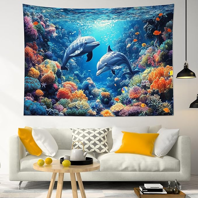 HVEST Blue Ocean Dolphin Tapestry Wall Hanging Tropical Fish Coral in Underwater World Wall Art Summer Sea Nature Landscape Tapestry for Bedroom Living Room Dorm Wall Decor, 40L X 60W inches