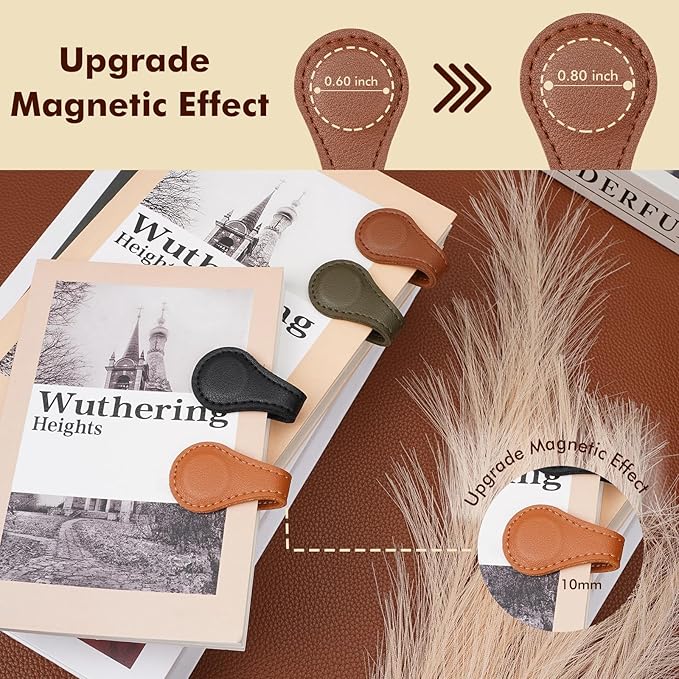 Leezmark 4 Pcs Magnetic Leather Bookmarks, Classic Stitched Bookmark Page Markers Reading Gifts for Book Lovers, Readers, Teachers, Leather Book Marks for Men Women