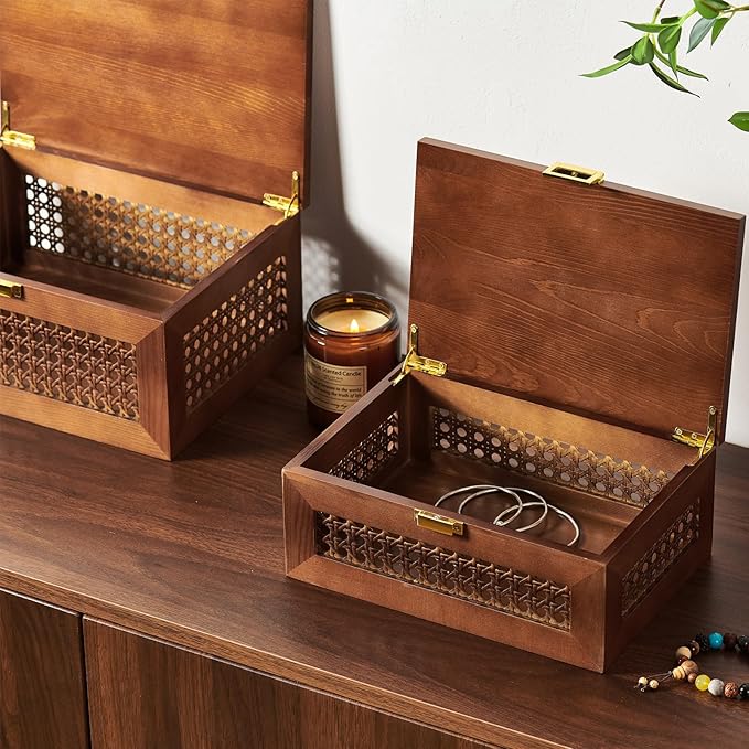 2PCS Decorative Rattan Storage Boxes Solid Wood Baskets Bins with Lid Keepsake Memory Jewelry Box Natural Boho Shelf Wicker Closet Desk Organizer Container (Walnut, 1 Large 1 Small)
