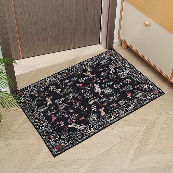 Door Mat Indoor Entrance 2x3 Rug Machine Washable Boho Floral Animal Small Area Rug Non-Slip Low Pile Throw Rugs for Entryway, Kitchen, Front Door Indoor Entrance, Entry, Kids Room (Black)