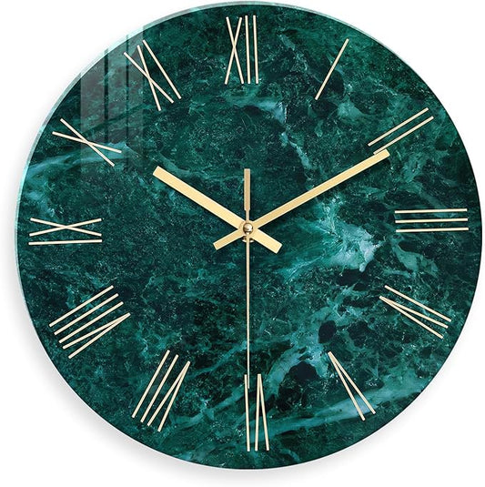 Teal Glass Wall Clock Battery Operated 20 Inch Large Wall Clocks for Living Room Decor Marble Minimalist Wall Clock Silent
