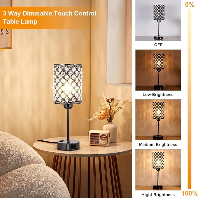 Hong-in Black Table Lamps Set of 2-3-Way Dimmable Nightstand Desk Lamp with USB C and A Ports and AC Outlet,Modern Bedside Table Light for Bedroom(Bulbs Included)