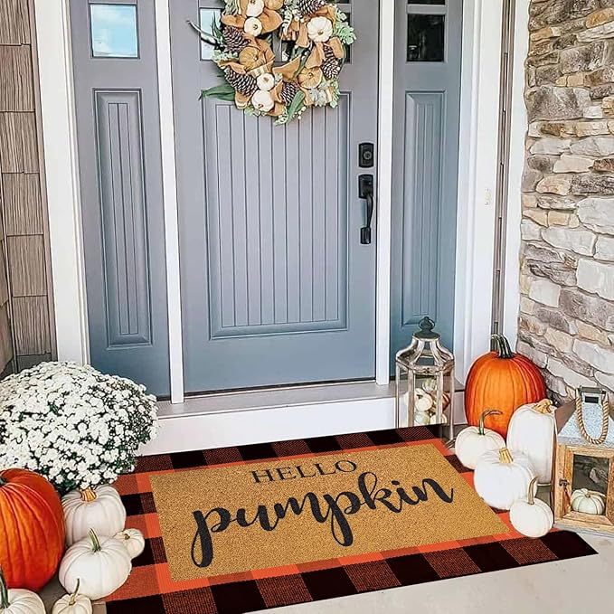 2 Pcs Fall Door Mat Combo Set Imitation Coir Welcome Mat, 43" x 28" Buffalo Plaid Rug Outdoor for Fall Halloween Thanksgiving Rustic Farmhouse Indoor Autumn Mats Hello Pumpkin (Orange and Black Plaid)