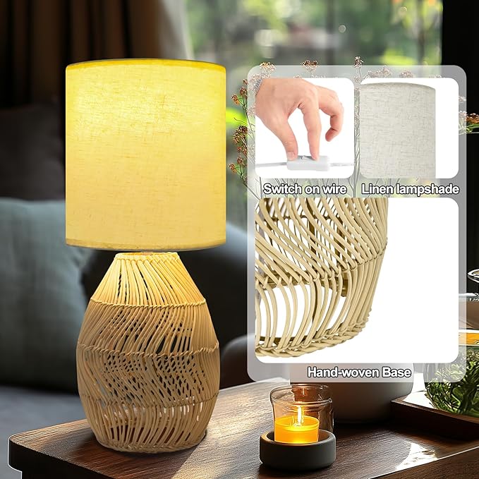 Nightstand Boho Rattan Table Lamp - 3 Color Temperature Handmade Bamboo Woven Lamp for Bedside Living Room (Striped, 1 Pack)