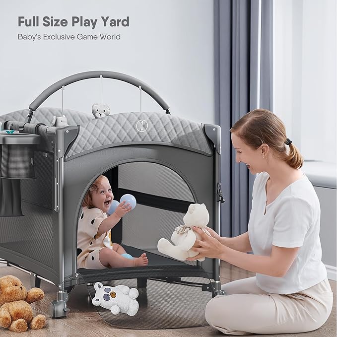 4 in 1 Baby Bassinet, Pack and Play, Bedside Crib Sleeper, Diaper Changer - Comes with Mattress, Mosquito Net,Bottom Storage and Toy Bar for Newborn to Toddles
