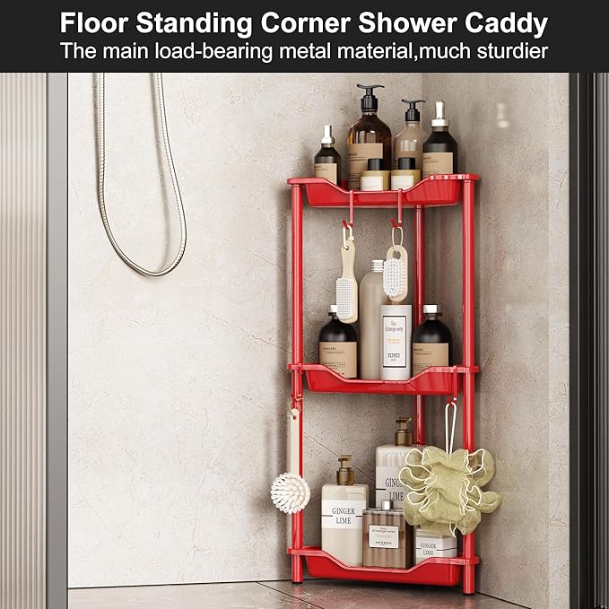 Orimade Rustproof 3 Tier Floor Standing Corner Shower Caddy Organizer, Plastic Metal Splicing Floor Corner Shelf Rack Stands for Bathroom, Red