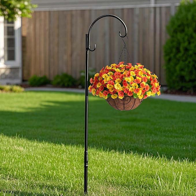 Artificial Hanging Flowers with Basket, Faux Silk Petunias Flower Arrangement, Coconut Lining with Morning Glories Fake Plants Patio Garden Porch Deck Spring Summer Decor(Orange Yellow)