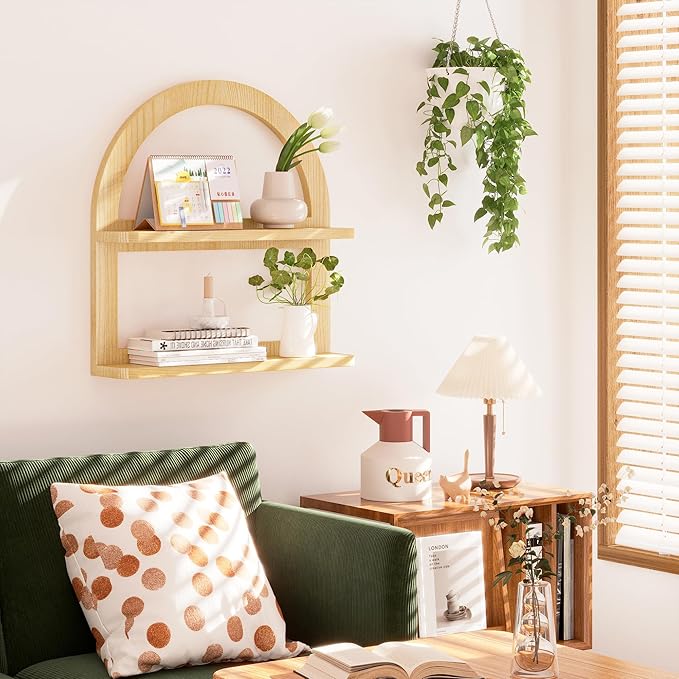 2 Tier Pine Wood Arched Wall Shelf - Fan-shaped Nursery Floating Shelf for Neutral Decor, Boho Storage Solution