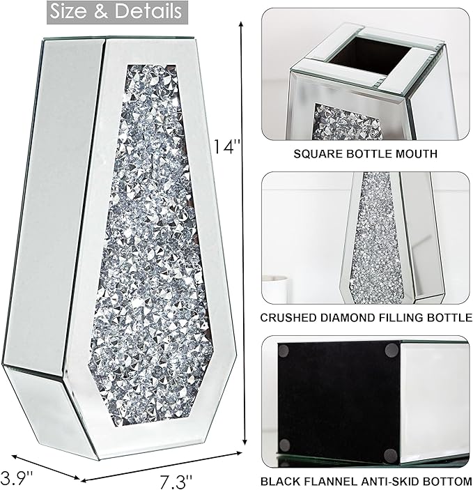 Crushed Diamond Mirrored Flower Vase Large Glass Vase Modern Crystal Decorative Mirror Vases Stunning Luxury Tall Floor Vase for Centerpieces Flowers Home Decor, Silver, 14" H. Can’t Hold Water.