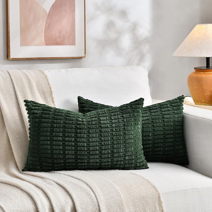 Fancy Homi Set of 4 Green Lumbar Rectangle Decorative Throw Pillow Covers 12x24 Inch for Couch Bed Chair, Aesthetic Boho Room Decor, Soft Fuzzy Thick Corduroy Textured Cushion Case 30x60cm