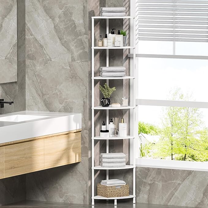 7 Tier Corner Shelf Stand Kitchen Organizer with Metal Frame for Organization & Storage Corner Shelves Kitchen Decor Accessories Marble White 64.7"