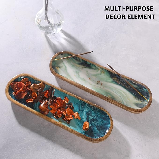 Folkulture Incense Holder or Incense Burner, Incense Holder for Sticks or Wooden Incense Tray for Sticks, Modern Insence-Stick Holder, Ash Catcher, Mango Wood, Set of 2, Blue and Green Agate