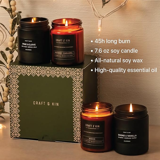 Craft & Kin Scented Candle Gift Set | Embers & Spice Home Scented Candle Sets for House Warming, Men's Gift