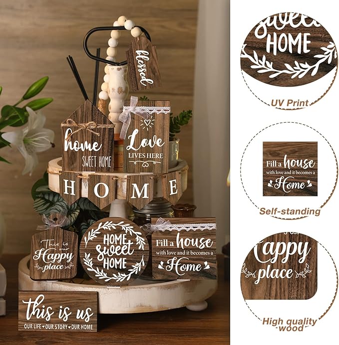 Set of 11 Farmhouse Tiered Tray Decor Rustic Home Tiered Tray Decorations Set Home Wooden Signs Farmhouse Tabletop Wood Signs for Kitchen Table Shelf Decor