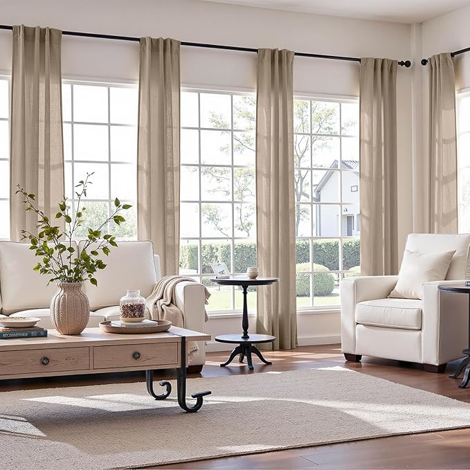 jinchan Linen Blend Curtains 96 inch Length 2 Panels for Bedroom Living Room, Light Filtering 38 inch Wide Farmhouse Drapes with Rod Pocket Back Tab(38W x 96L, Taupe)
