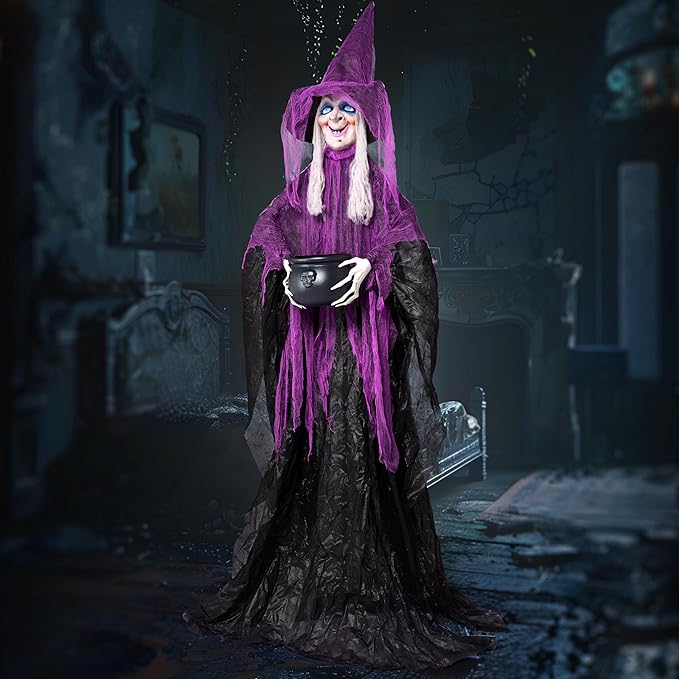 JOYIN 72” Halloween Decorations Standing Witch with Cauldron, Scary Ghost Decor with Sound and Lights, Sound-Activated for Haunted House Yard Lawn Garden