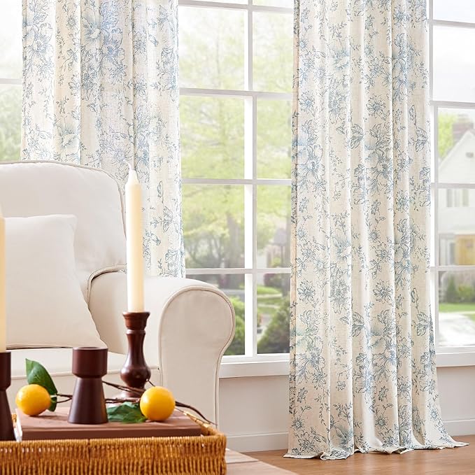 jinchan Linen Blend Curtain Floral Curtains for Living Room 90 Inch Length Blue Printed Curtain Rod Pocket Back Tab Farmhouse Peony Flower Patterned Drapes Bedroom Window Curtains Set 2 Panels