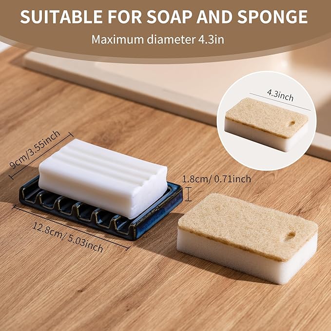 Self Draining Premium Ceramic Soap Dish, Bar Waterfall Soap Dish, Shower Soap Holder Sponge Holder Soap Tray Savers for Bathroom, Shower, Kitchen, Sink and Countertop