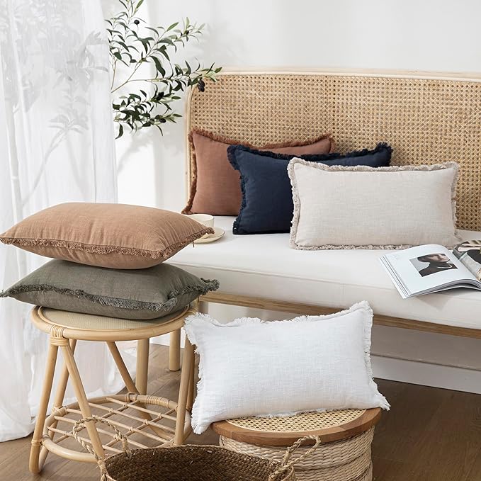 Foindtower Set of 2 Decorative Linen Fringe Throw Pillow Covers Boho Farmhouse Cushion Cover with Tassels Accent Pillowcase for Couch Bed Sofa Living Room Home Bedroom Decor, 12×24 Inch, Natural Beige