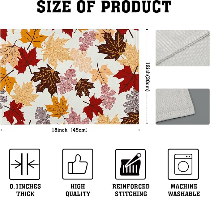 Giwawa Maple Leaf Placemats Set of 4 for Kitchen Dining, Colorful Fall Autumn Thanksgiving Leaves Non-Slip Washable Linen Place Table Mat 12x18 Inches for Tabletop Holiday Party Home Decor