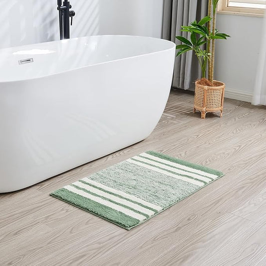 CozeCube Sage Green Striped Bath mats for Bathroom Non Slip, Fluffy Absorbent Microfiber Bath mat Washable, Aesthetic Bathroom Rugs, Cute Bath mat for Sink, 20" x 32"
