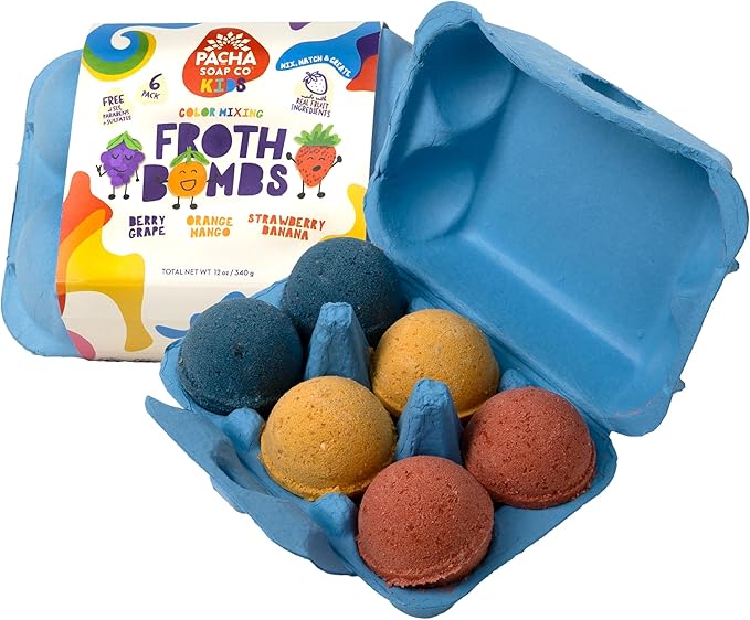 Pacha Soap Co. Kids Color Mixing Bath Bomb, 2-Pack - Safely Colors Bath Water, Kids Love Them, Plant-Based, Non-Toxic, No Animal Testing, Vitamin Rich, Endless Frothy Fun, Mix & Match