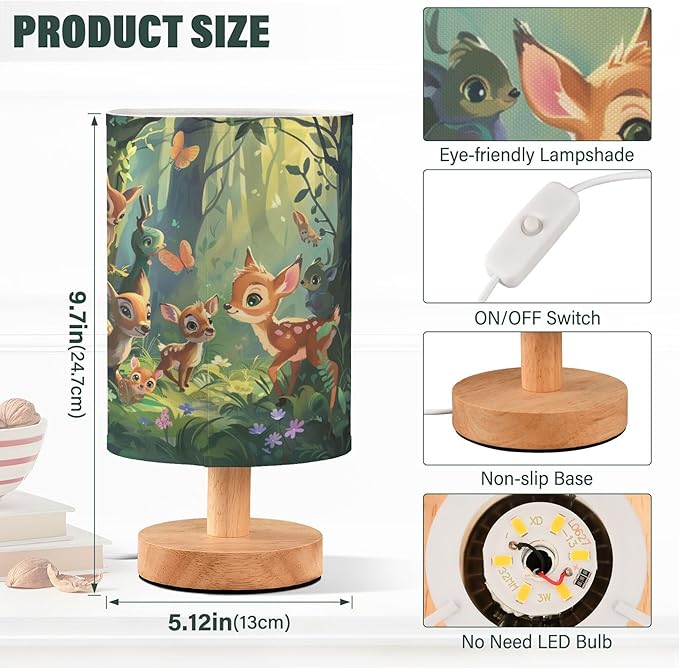 Table Lamp Forest Animal Deer Fox Butterfly Bird Flower Nightstand Lamp with Wood Base Fabric Lamp Shade Bedside Desk Lamp for Living Room Bedroom Kids Room Office
