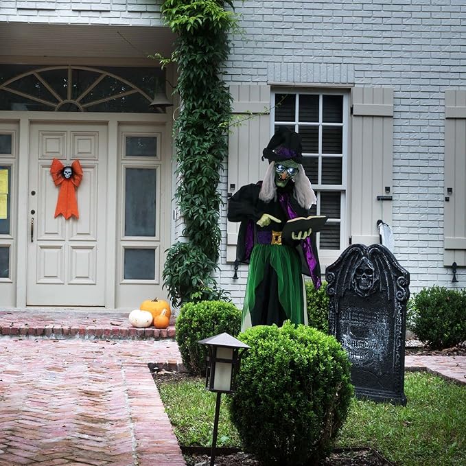 Haunted Hill Farm Life-Size Scary Talking Witch Holding Spell Book, Halloween Animatronic with Touch Activated Lights and Sound, Battery Operated Indoor or Covered Outdoor Halloween Decorations