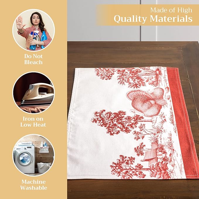 Maison d' Hermine Placemats Set of 4 100% Cotton Washable Cloth Place Mats, Reusable Table Mats for Kitchen Dining Decoration, Party, Wedding, Restaurant (Holy Jouy - Red, 13" x 19")