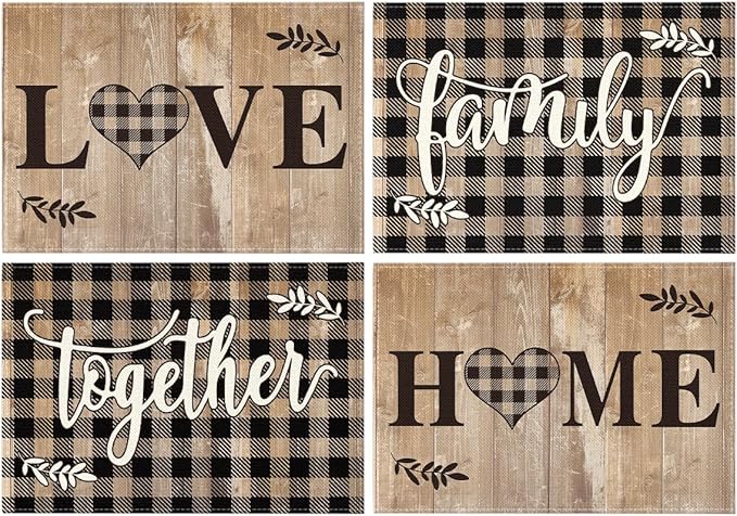 Artoid Mode Wood Love Family Home Together Buffalo Plaid Placemats Set of 4, 12x18 Inch Farmhouse Table Mats Party Kitchen Dining Decoration