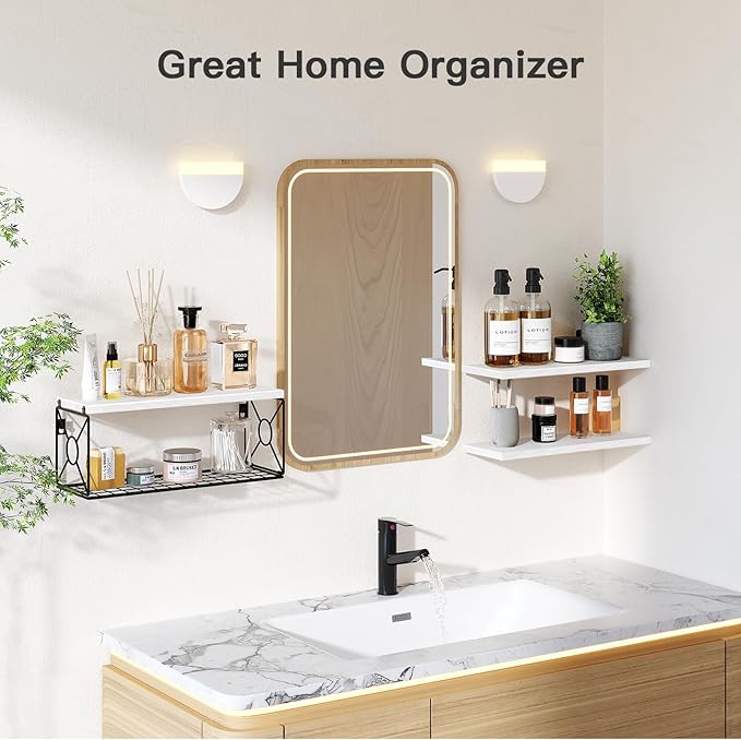 Amada Bathroom Shelves Over Toilet with Storage Basket, Floating Wall Shelves for Home Organization & Wall Decor, Bathroom/Kitchen/Living Room ShelvesWhite