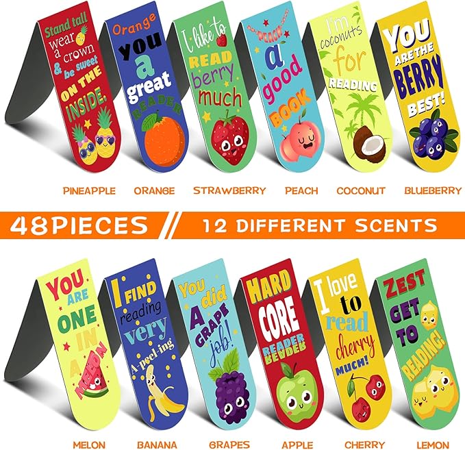 48 Pack Scented Bookmarks Magnetic Scratch and Sniff Fruit Food Bookmarks for Kids Cute Page Markers with Sayings for Kids Students Teens Teachers(Fruit Flavor)