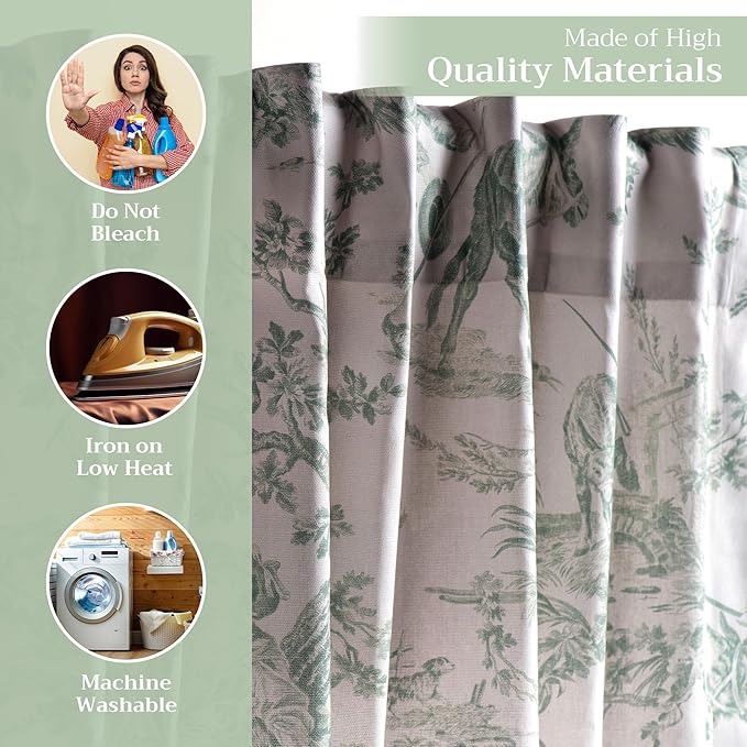 Maison d' Hermine Curtains for Living Room 100% Cotton 96 inch Length One Panel Light Filtering Toile Curtains for Bedroom Windows with Rod and Loop Pockets (The Miller Antique Green, 50" W x 96" L)