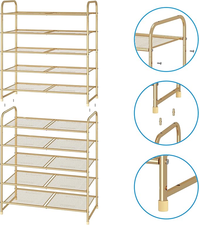 Simple Trending 5-Tier Stackable Shoe Rack, Expandable & Adjustable Shoe Shelf Storage Organizer, Metal Mesh, Gold