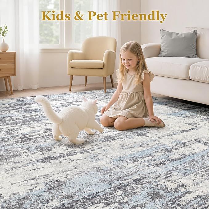 Area Rugs for Living Room: 8x10 Abstract Washable Rug Modern Neutral Large Soft Stain Resistant Non-Slip Backing Machine Table for Bedroom Dining Room Indoor Home Office Carpet - Blue Grey