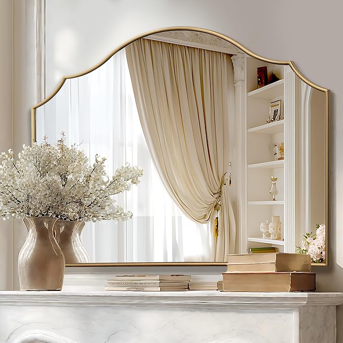 Gold Scalloped Wall Mirror: 40"x29" Large Modern Minimalist Vanity Arched Mirror for Home Decor/Living Room/Bedroom/Fireplace/Mantle/Entryway