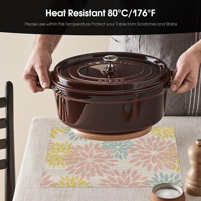 Artoid Mode Floral Vinyl Placemats Set of 4, 12x18 Inch Heat Resistant Washable Non-Slip Plistic PVC Place Mats for Party Kitchen Dining Decor, Pink Blue