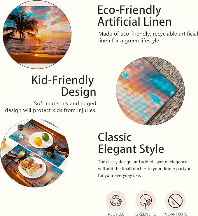 Tropical Palm Placemats Set of 6,Sunset Trees Sea Beach Table Mats Non-Slip Heat Resistant Washable Placemat for Party Kitchen Dining Table Decoration Indoor Outdoor