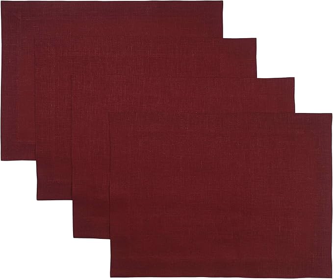 D'Moksha Homes Linen Placemats 14 x 19 Inch - Dark Red Placemats Set of 4-100% Pure Linen Table Place Mats for Summer - Handcrafted and Machine Washable