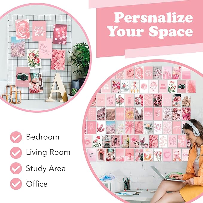 Artivo Pink Aesthetic Wall Collage Kit,100 Set 4x6 inch,Room Decor for Teen Girls,Pretty Blush Pink Wall Art Print,Dorm Photo Collection,Small Posters for Room Aesthetic