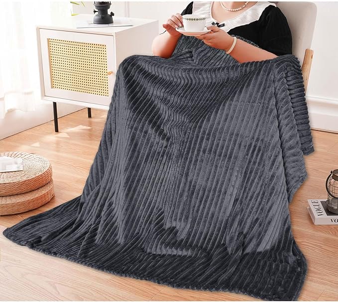 Vessia Flannel Fleece Throw Blanket, Lightweight Warm and Soft Striped Grey Couch and Bed Blanket, Cozy Microfiber Ribbed Sofa Decor for All Season