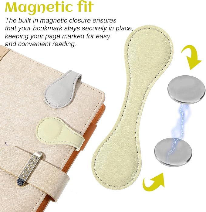 2 Pcs Leather Magnet Bookmark Retro Book Page Holder Vintage Page Marker Clip Handmade Cute Reading Accessories for Women Bookworm Book Lovers Reader Gift (Light Yellow + Light Gray)
