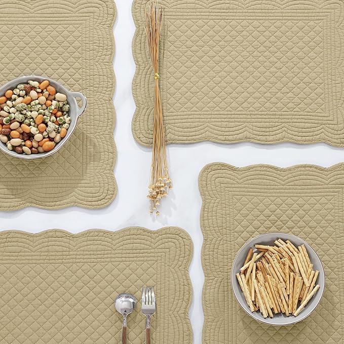 HOMBYS Quilted Placemats Set of 6 Washable-13x18 inches Rectangular Placemats for Kitchen Table-100% Cotton Fabric Rectangular Table Mats, (Khaki)