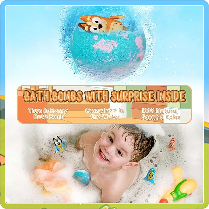 The Blue Heelers Gifts Set: Bath Bombs with Toys Inside, Shower Steamers, Felt Masks, Tattoos, Rubber Bag, Shoe Charms, Collapsible Cup, Storage Bag, Coloring, Gift Card&Sticker, Kids Best Gifts