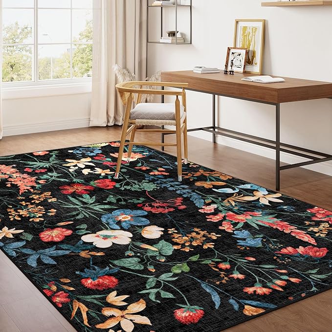 Black Area Rug 5x7 Floral Washable Living Room Kitchen Boho Carpet Non Slip Low Pile Indoor Accent Lightweight Soft Throw Rug for Bedroom Office Dining Room Nursery Farmhouse