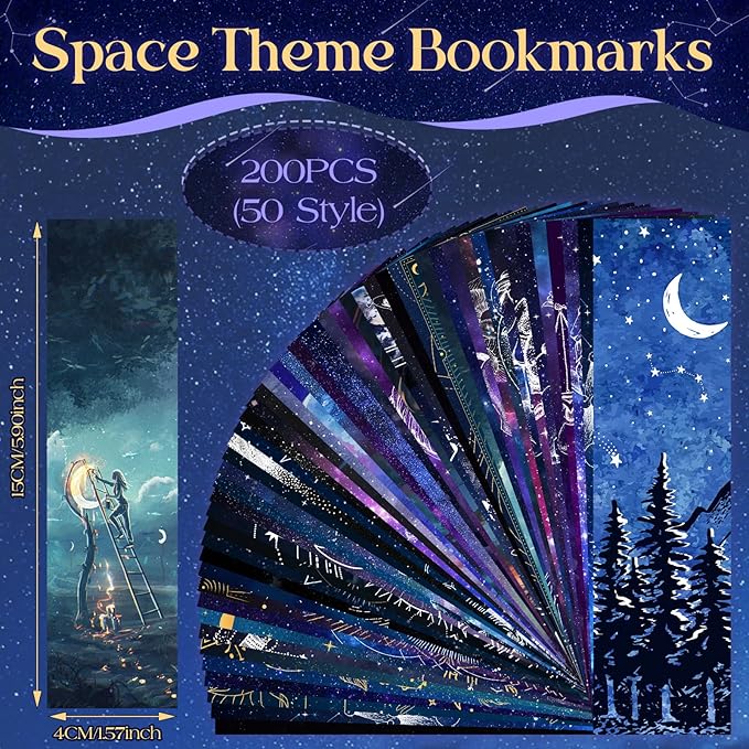 200PCS Cool Space Starry Night Bookmark for Kids Classroom 50 Designs Double-Sided Bulk Bookmarks Space Theme Book Mark for Book Lovers Students Children Rewards Gifts