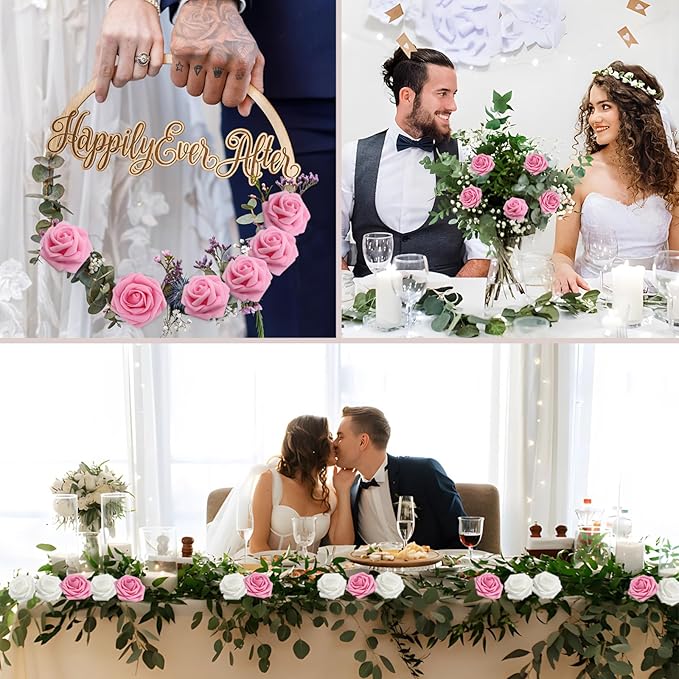 Artificial Flowers Dark Pink Roses 100PCS Real Looking Foam Fake Roses with Leaves and for DIY Wedding Bouquets Bridal Shower Centerpieces Party Decorations (Dark Pink, 100)