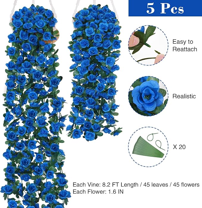 BLEUM CADE 5Pcs 41Ft Flower Garland Artificial Rose Vines for Bedroom, Cute Fake Hanging Flower Vines Floral Garland Decorations for Wedding Party Wall Room Decor Aesthetic