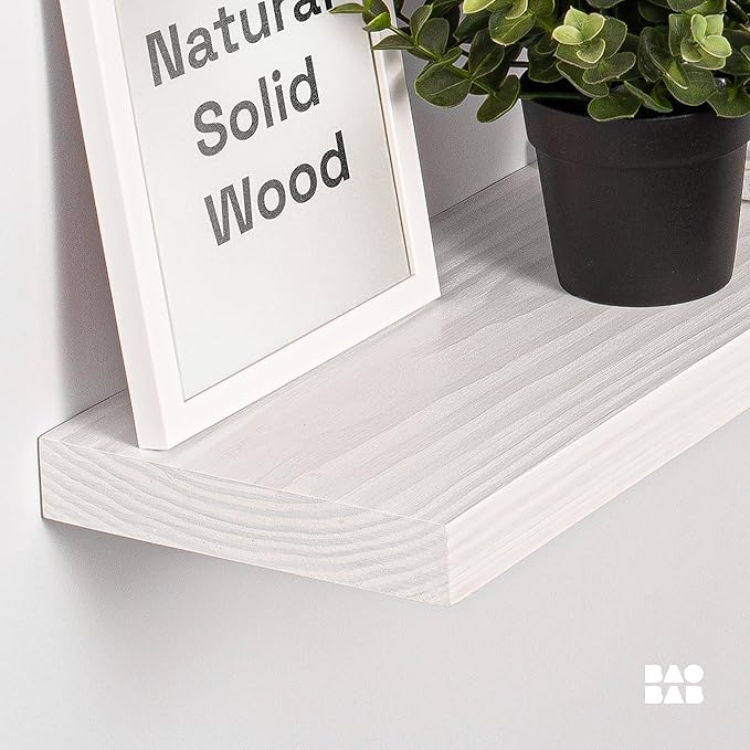 BAOBAB WORKSHOP Wood Floating Shelves for Wall White - Bathroom Floating Shelves White - Small Wall Mounted Shelf White for Bedroom Kitchen Living Room - 16D x 6.7W Inch, Set of 2